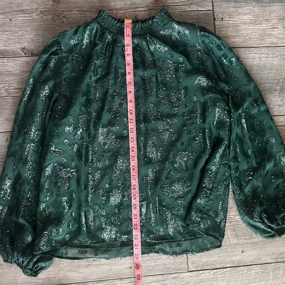 Mello Day Green Sheer Metallic Burnout Blouse Ruffle Mock Neck Long Sleeve Top - Picture 9 of 11